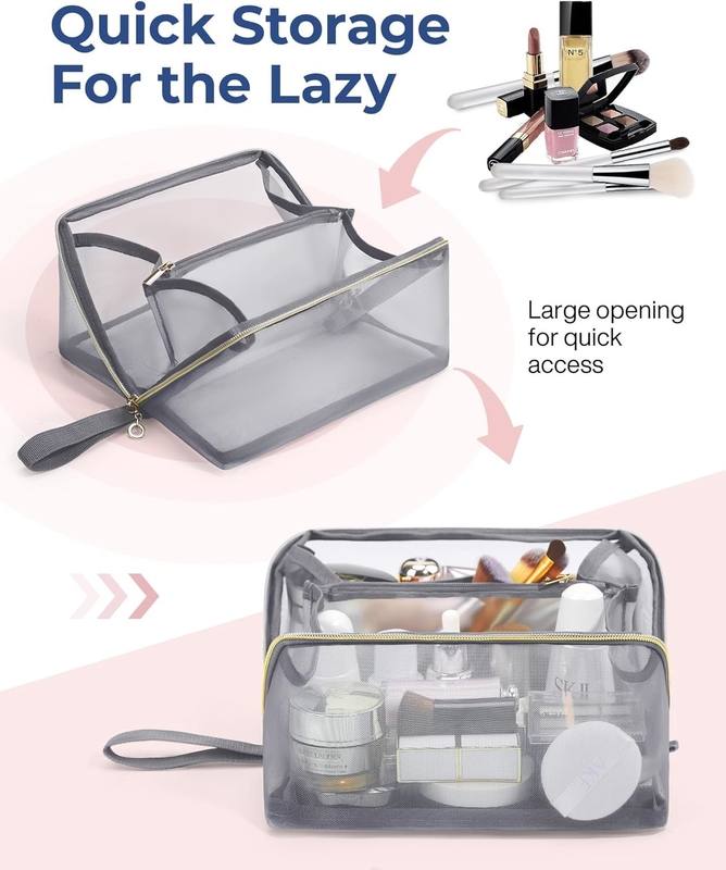 Portable Large Black Mesh Cosmetic Bag Open Flat Organizer Travel Bag Per Uomini Donne