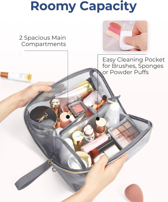 Portable Large Black Mesh Cosmetic Bag Open Flat Organizer Travel Bag Per Uomini Donne