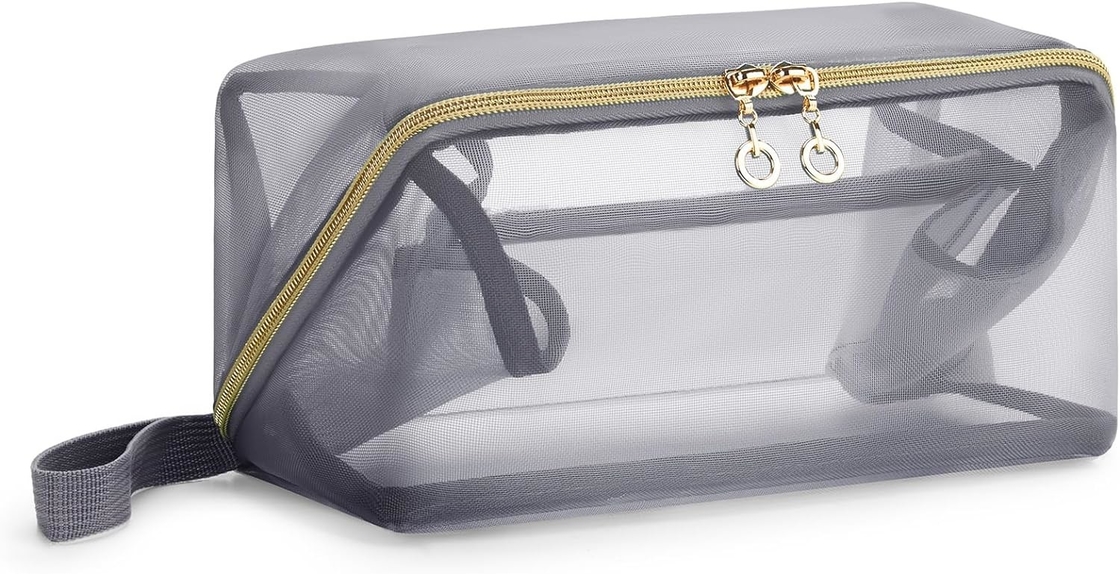 Portable Large Black Mesh Cosmetic Bag Open Flat Organizer Travel Bag Per Uomini Donne