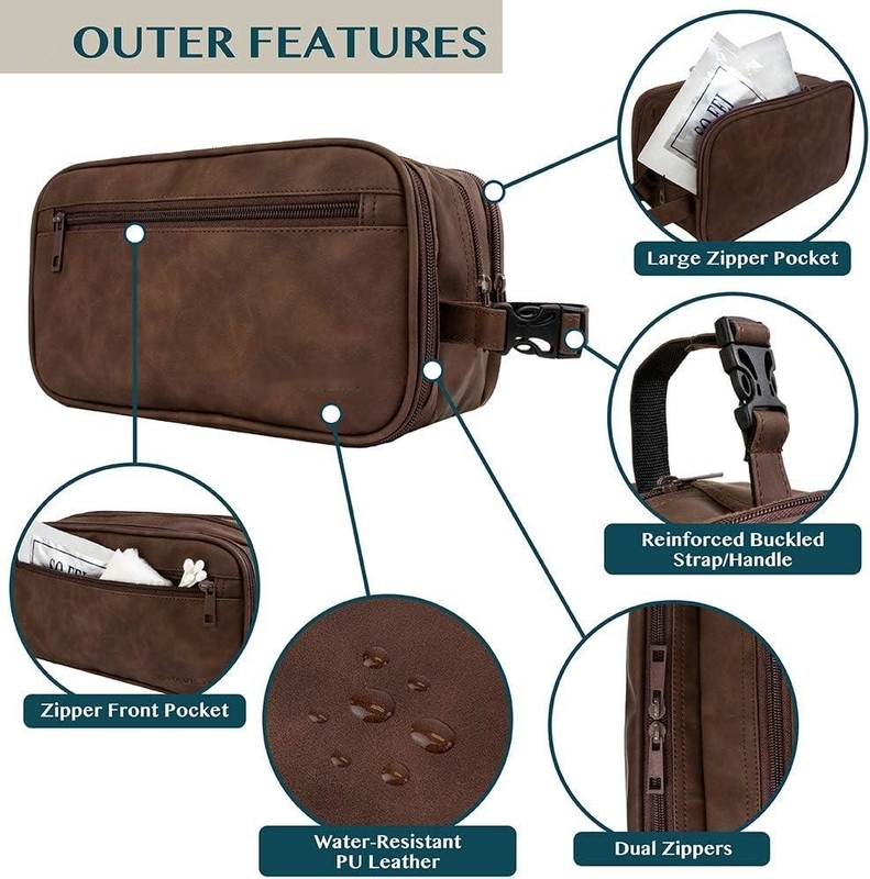Dopp Kit resistente all' acqua marrone scuro Borsa da barba in cuoio PU Organizzatore Borsa da viaggio per accessori Igiene cosmetica