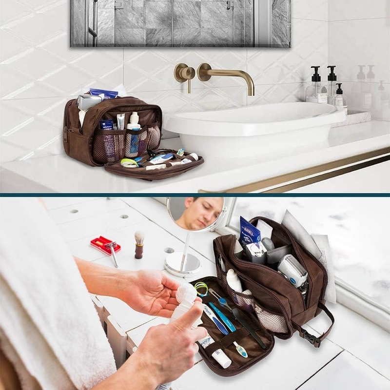 Dopp Kit resistente all' acqua marrone scuro Borsa da barba in cuoio PU Organizzatore Borsa da viaggio per accessori Igiene cosmetica