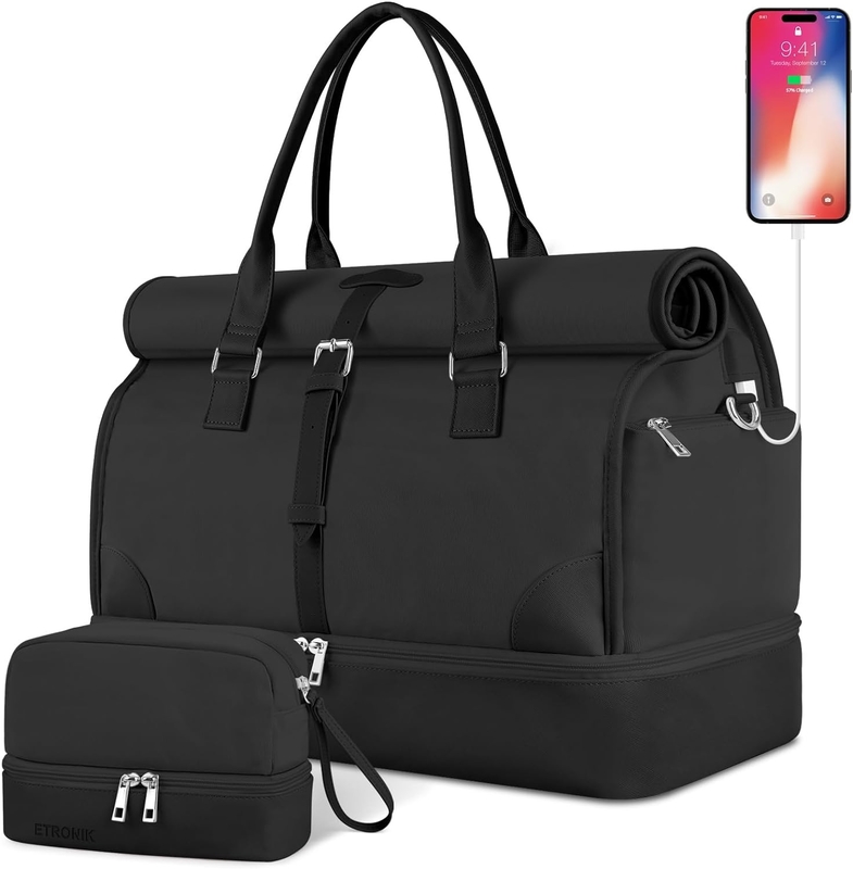 Canvas nero Portatile espandibile Weekend Airplanes Bagno da bagno con vano per scarpe e porta di ricarica USB