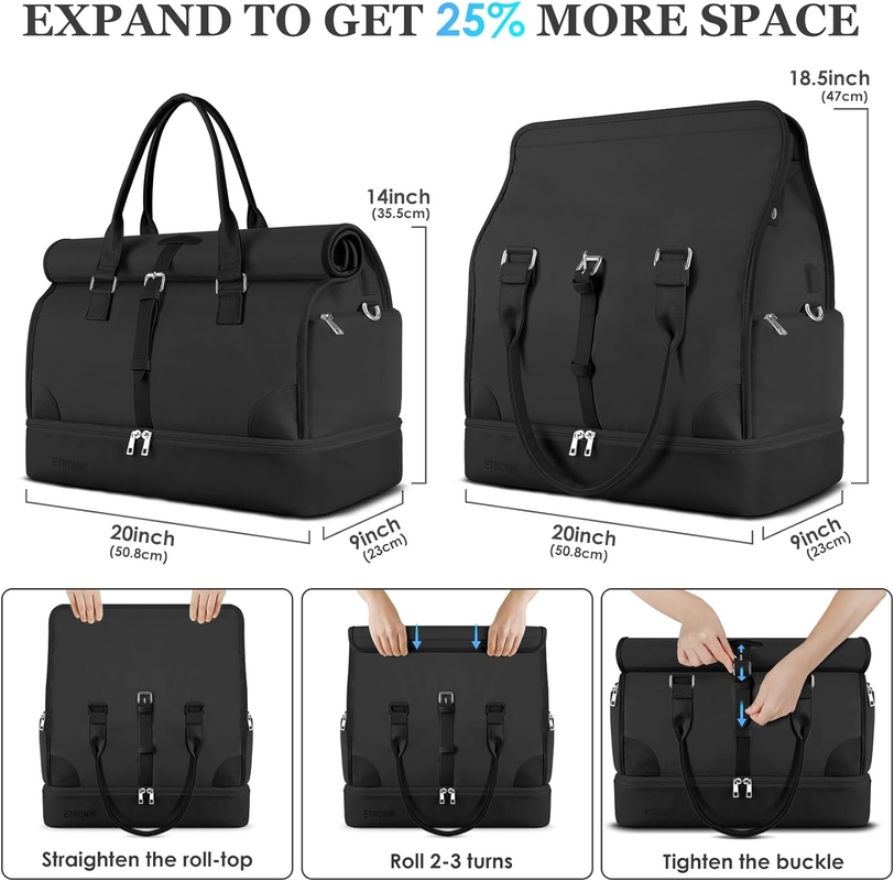 Canvas nero Portatile espandibile Weekend Airplanes Bagno da bagno con vano per scarpe e porta di ricarica USB