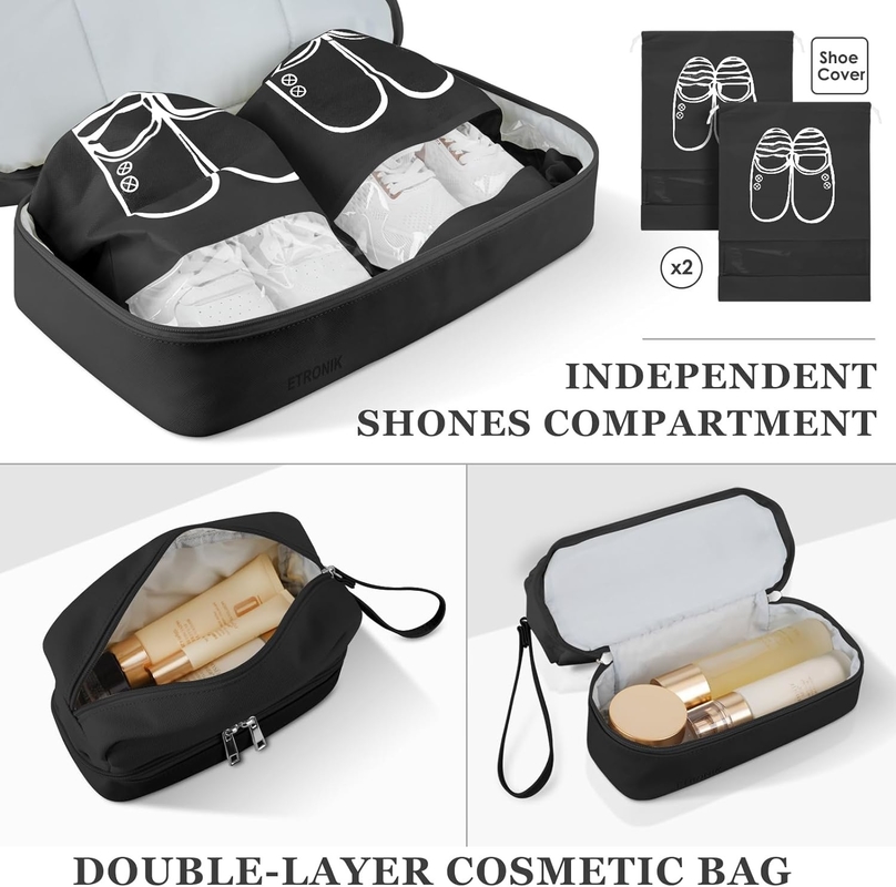 Canvas nero Portatile espandibile Weekend Airplanes Bagno da bagno con vano per scarpe e porta di ricarica USB