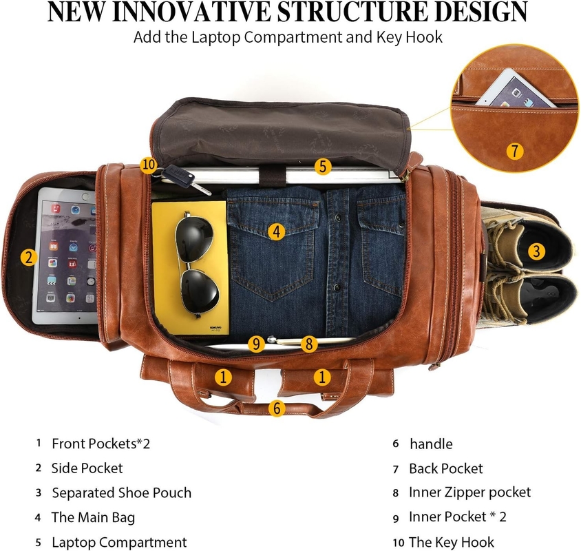 Large Brown PU Leather Carry On Weekend Overnight Sports Yoga Gym Custom Travel Bag con sacchetto per scarpe