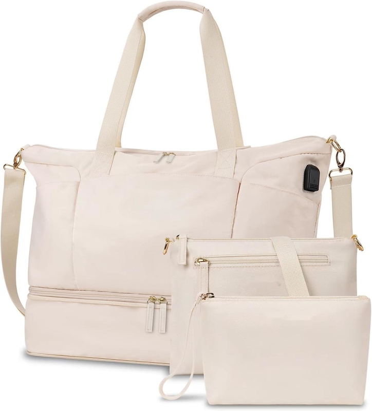 Borsa da viaggio beige espandibile con porta scarpe e tasca bagnata