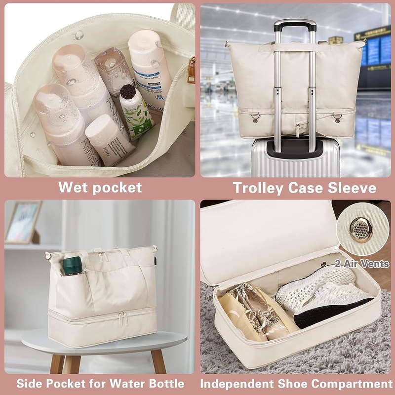 Borsa da viaggio beige espandibile con porta scarpe e tasca bagnata