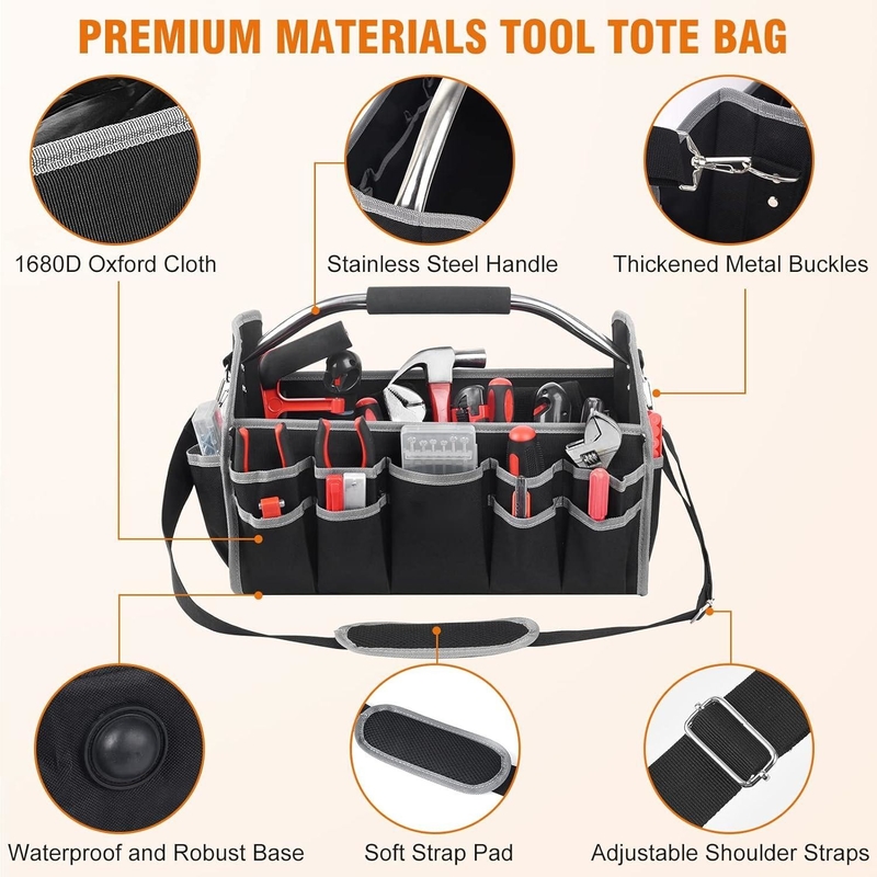 16 pollici 26 tasche manicotto di acciaio borsa utensili di viaggio personalizzato con cintura a spalla rimovibile